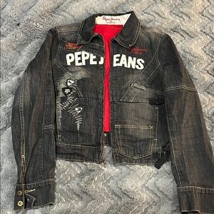 Vintage Y2K Pepe Jeans London Denim Jacket Big Logo Distressed Moto Style